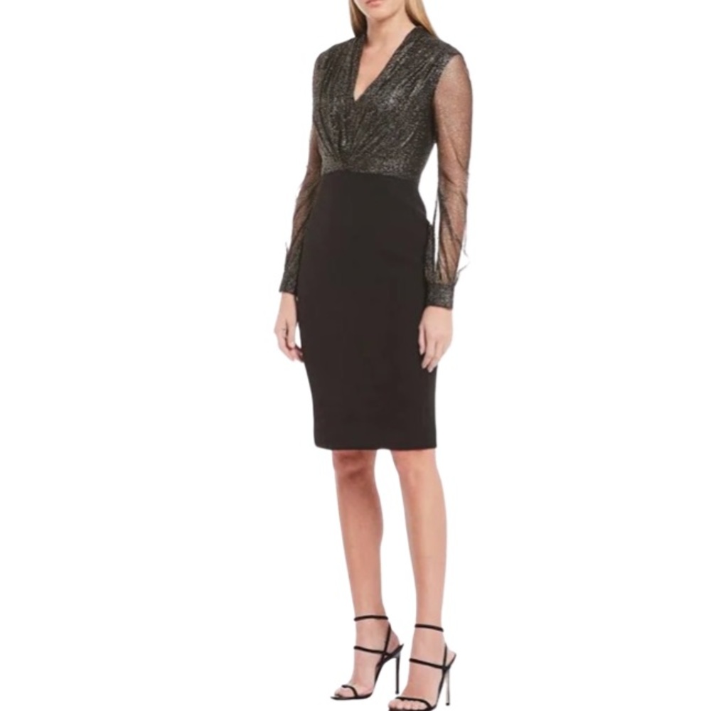 BADGLEY MISCHKA.NWT.Long Sleeve Crepe Sheath dress. Foiled Tulle Mesh Design.4 - Picture 2 of 16